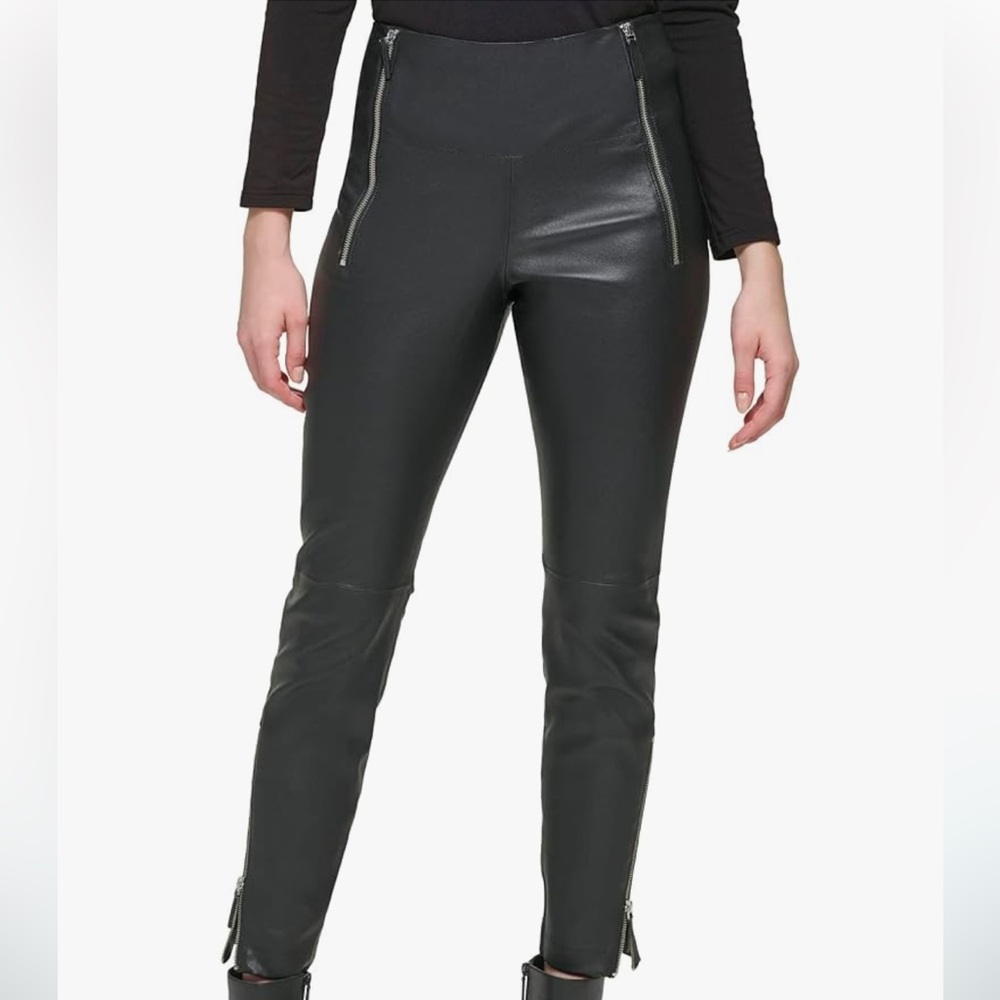 KARL LAGERFELD PARIS GENUINE LEATHER SKINNY LEGGING ZIP ACCENTS BLACK PANT SZ S